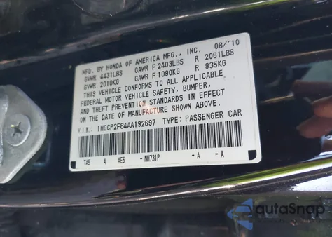 2010 Honda Accord 2.4 Ex-L из США, поврежденный, VIN 1HGCP2F84AA192697